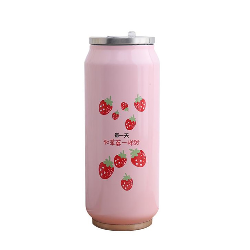 Mignon fraise Girly isolé bouteille d'eau en acier inoxydable Portable large bouche peut tasse d'eau, 500ml, bouteille Thermos de voyage bouteille isotherme