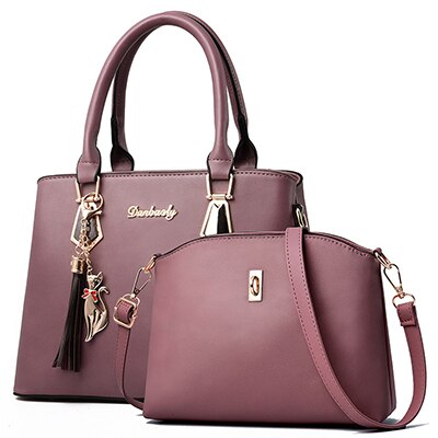 Women Bag Large Capacity Female Tassel Handbag Luxury Handbags plaid Women Bags Set 2 Pieces Bags: Purple