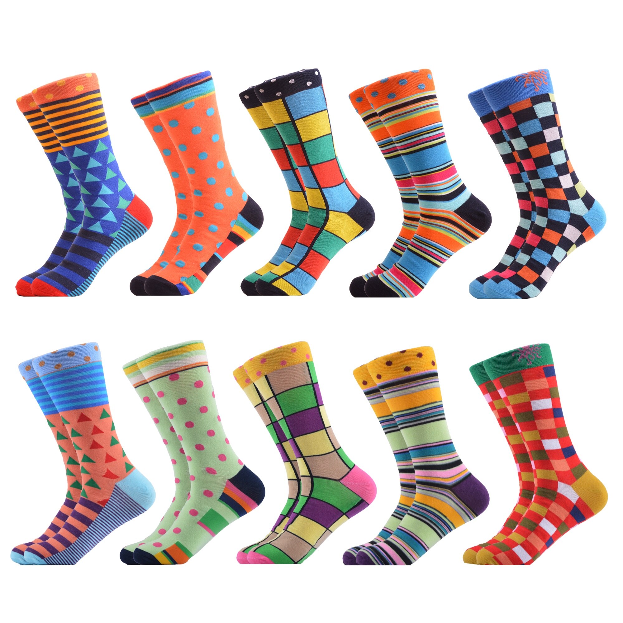 SANZETTI-chaussettes pour hommes, style Hip Hop, en coton peigné, haute couleur, nouveauté, Skateboard, motif géométrique, motif Harajuku,: 06372 (10 pairs)