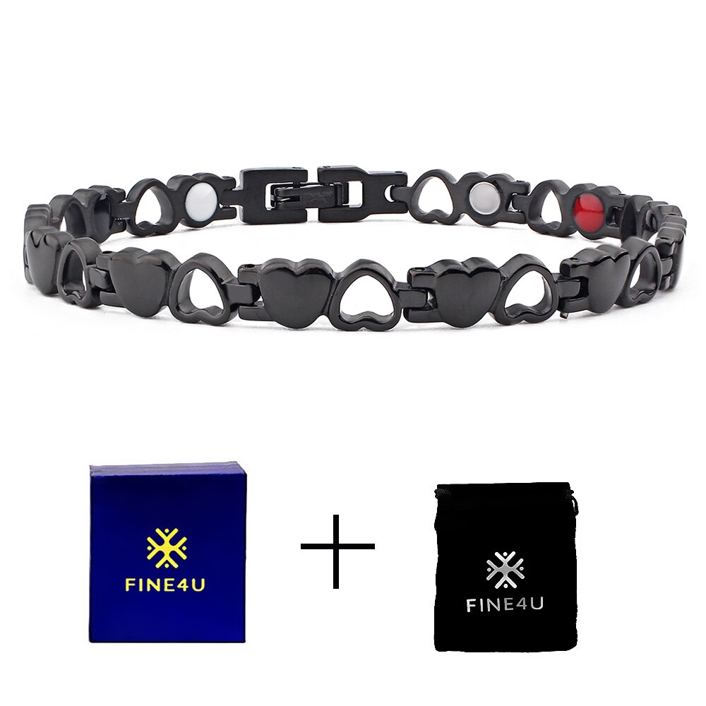 FINE4U B382 zdrowa bransoletka energetyczna Hearted Design stal nierdzewna opieka zdrowotna magnetyczna złota bransoletka łańcuch ręczny dla kobiet: Black3