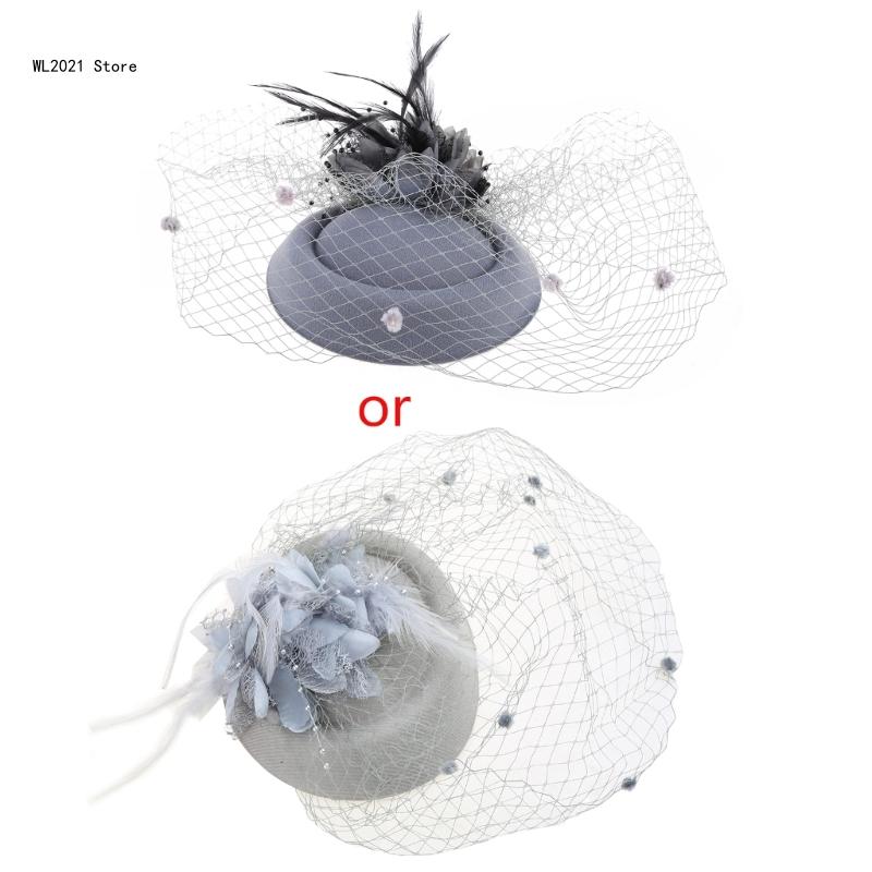 Fascinator-Hüte, einfarbig, pelzige Pillbox-Hut, Party-Kopfbedeckung, Mütze mit Schleier für Mädchen und Frauen: Grau