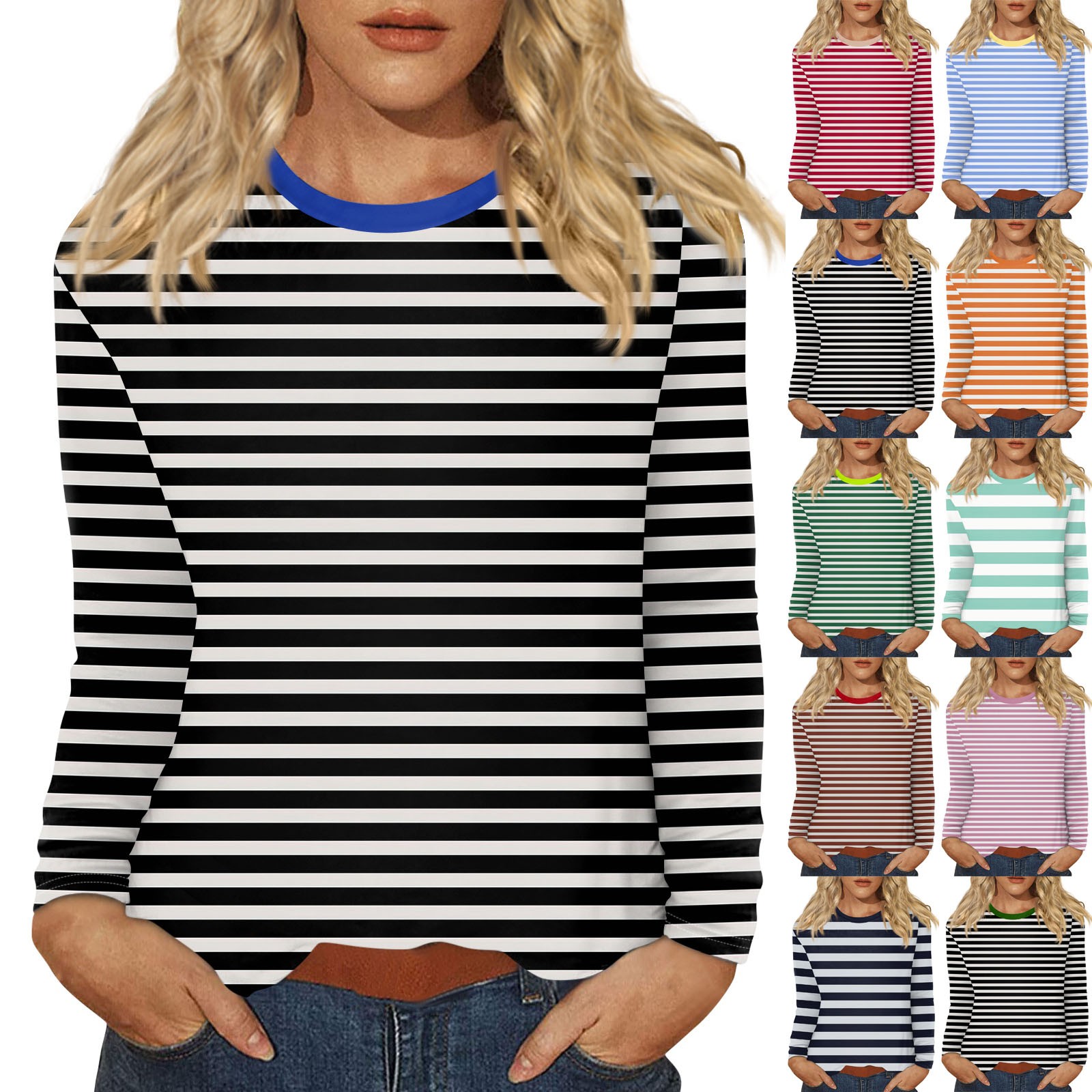 T-Shirt à Manches sulfet Col Ras du Cou pour Femme, Vêtement Décontracté, Rayé, Imprimé, Tendance, à la , de , 03