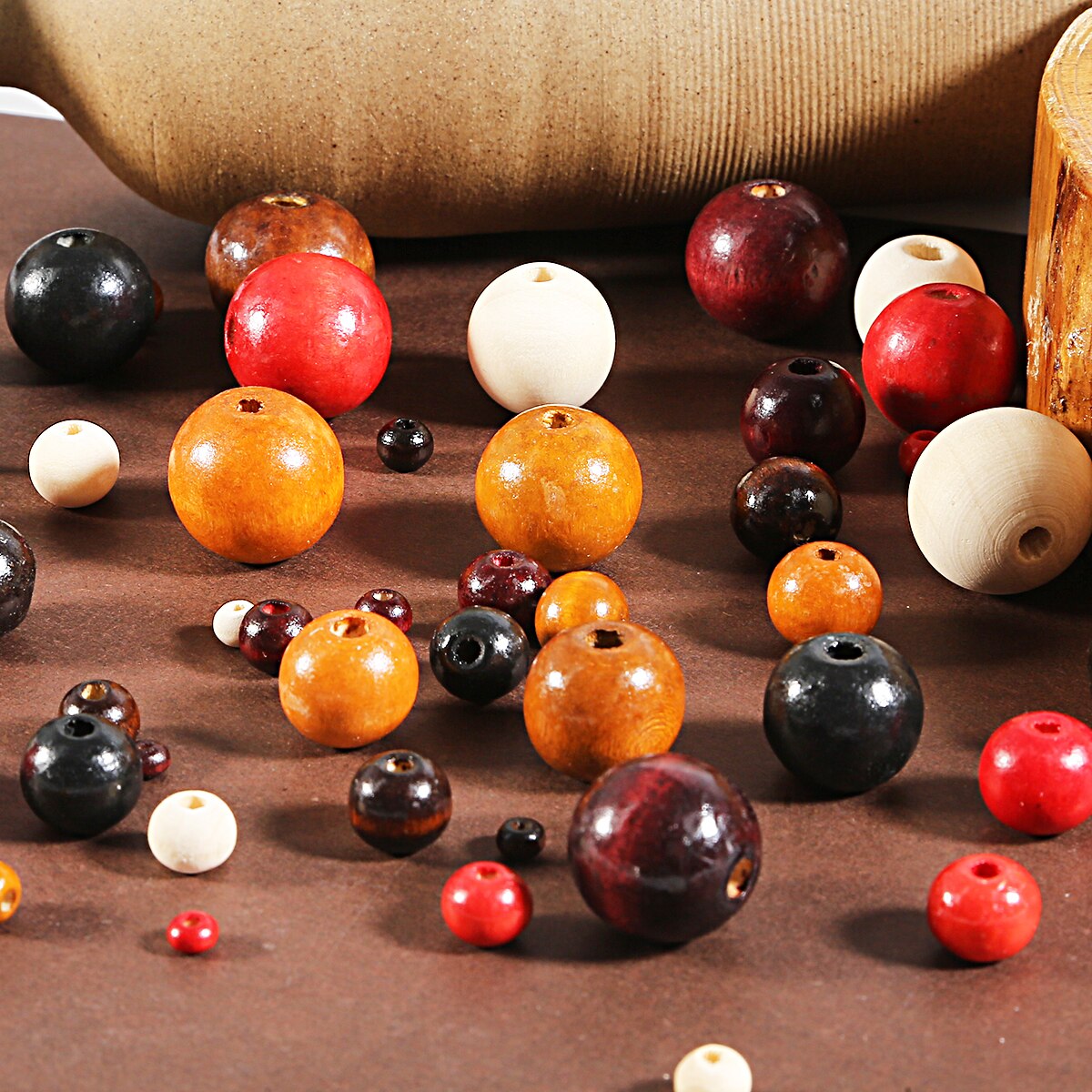 Perles Rondes en Bois Naturel, Noires, Brunes, Rouges, pour Travaux Manuels, Accessoires de Bijouterie, 4, 6, 8, 10, 12, 14, 16, 18, 20mm, Lot de 20 à 100 Pièces