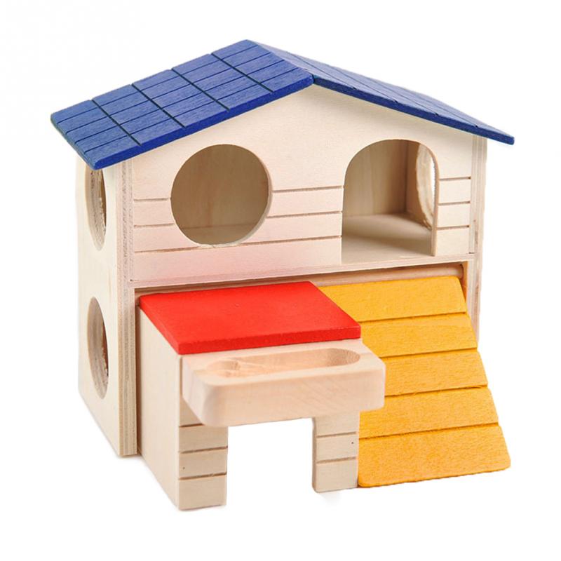 Suministros para mascotas, edificio de lujo multifuncional Villa hámster de madera de dos capas pueblo conejillos de indias casa pequeña para mascotas