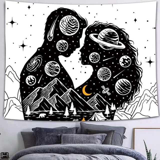 Tapiz gótico de Calavera, Luna, estrellas, cielo estrellado, montaña, negro y blanco, constelación romántica, tapiz para colgar en la pared, decoración estampada: 3