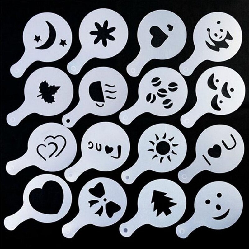 16Pcs Koffie Stencils Fancy Koffie Afdrukken Model Schuim Spuiten Taart Stencils Koffie Tekening Cappuccino Mold Poedervorm Zeef Gereedschap: Default Title