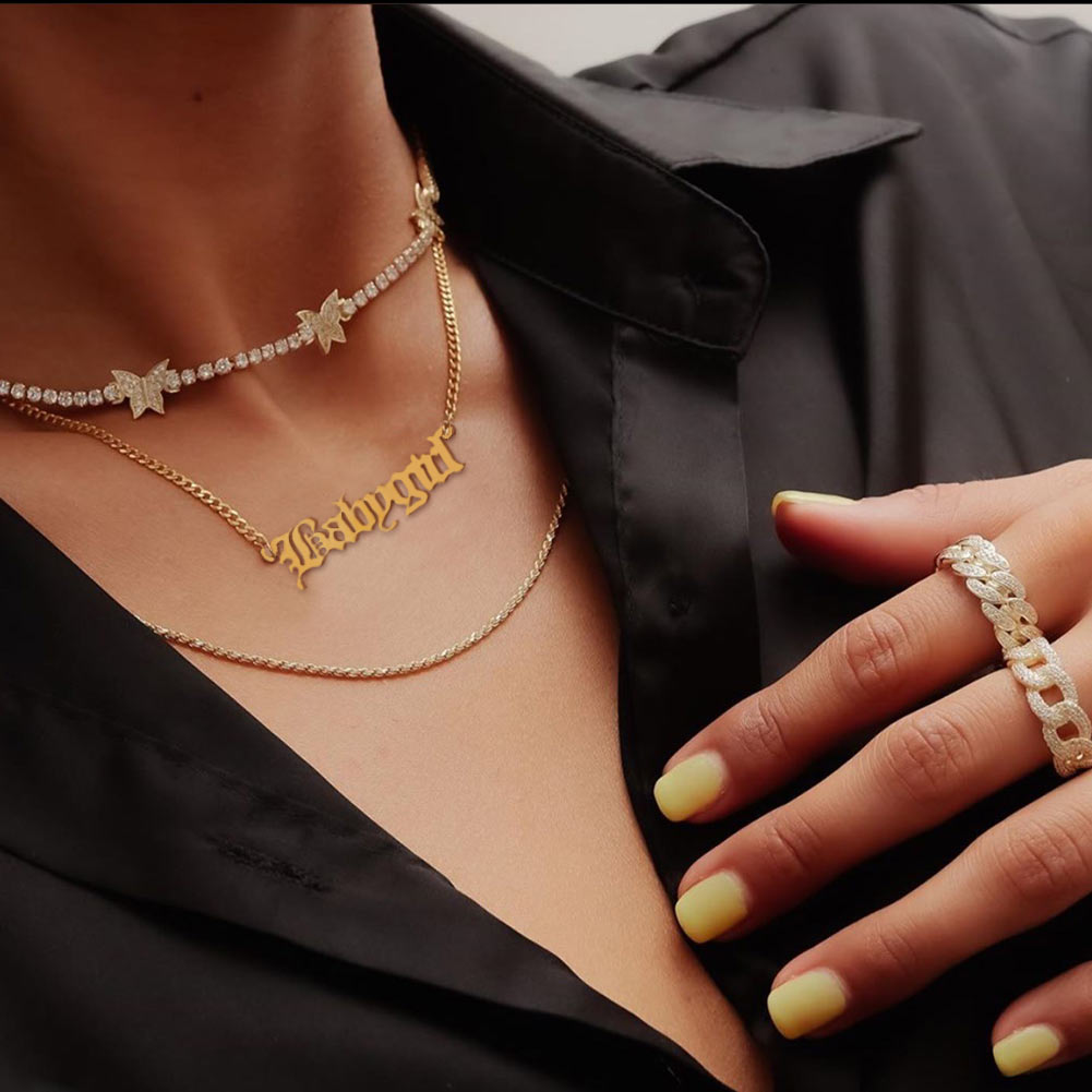Collares de cristal multicapa con de mariposa y dragón para mujer, cadena de clavícula con letras de Ángel dorado Punk, joyería para de hip hop, novedad