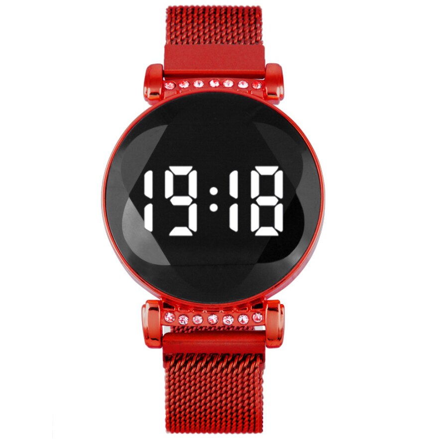 Meisjes trend elektronisch dameshorloge casual ronde led touchscreen dameshorloge magneetband damesstudentenhorloge: Rood