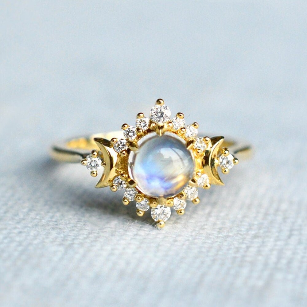 Luxe Triple Maan Maansteen Kristallen Ring Natuurlijke Charm Vergulde Opal Jewelryvalentine &#39;S Dag Ringen Voor Vrouwen Maan Ring