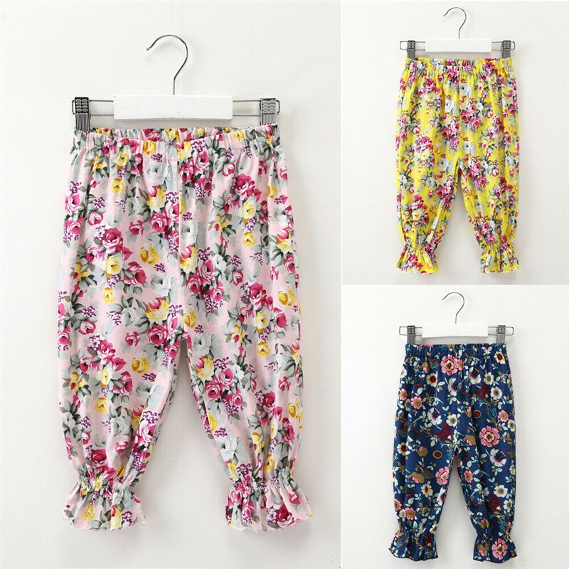 Børn baby piger bukser tøj blomstret trykt elastik talje mid wasit blomster cropped bukser pink gul marineblå