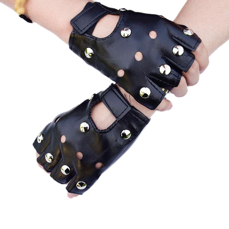 Boy Gloves Cool Hollow PU leather Biker Driving Gloves for Men Black Half Finger Gloves Fingerless Gloves Punk Gloves: B