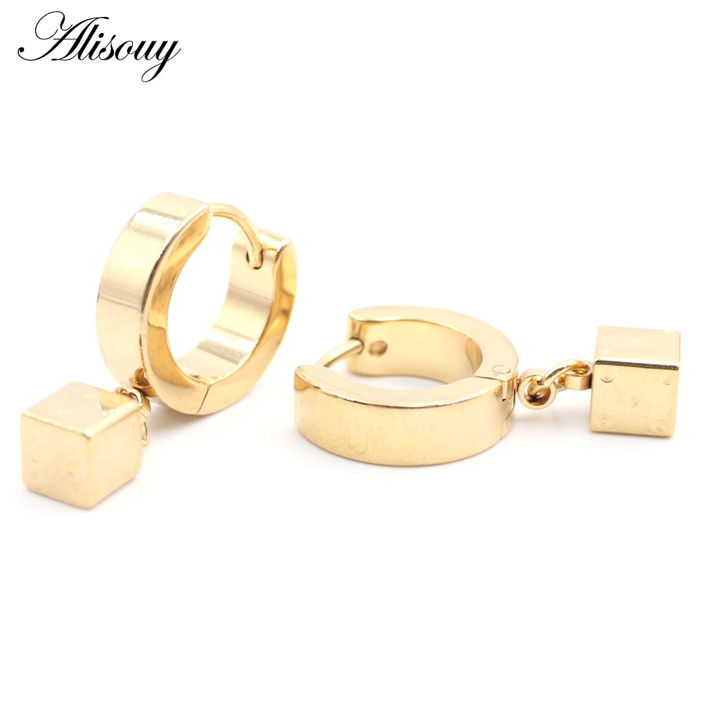 Alisouy 2 Stuks Punk Rvs Stud Huggie Hoop Oorbellen Voor Vrouwen Mannen Cube Vierkante Dice Dangle Oorbellen Hiphop Goth oorbellen: 5mm Gold Color