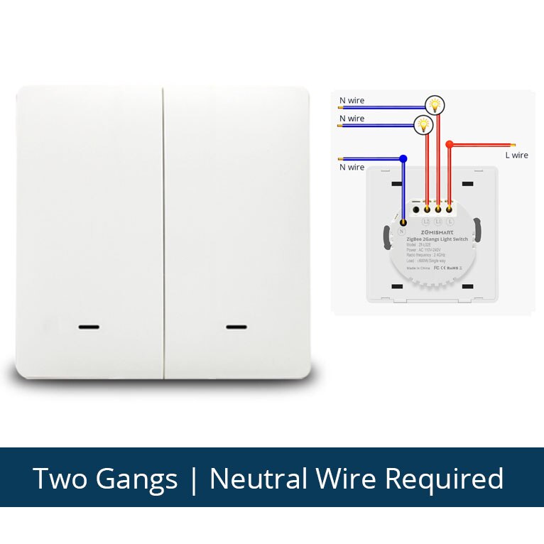 Zemismart Tuya Zigbee Wall Push Switch Alexa Google Home Light Switches No Neutral Wire Physical Button: 2 gangs With neutral