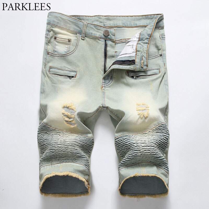Men&#39;s Causual Biker Jean Shorts Brand Pleated Multi Pocket Denim Shorts Men Washed Cotton Slim Fit Retro Bermuda Jeans Masculina