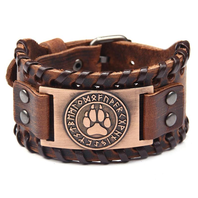 Runas nórdicas Vegvisir brújula pulsera vikinga pulseras nórdicas brújula brazalete de cuero ancho pulsera nórdica hombre joyería: Red Copper D