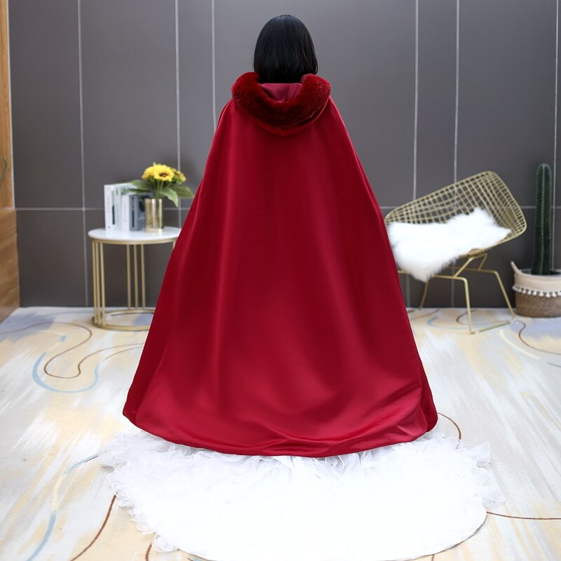 Wine Red Bridal Cloaks Hooded Faux Fur Floor Long Warm Fall Winter Wedding Cape Bride Accessories