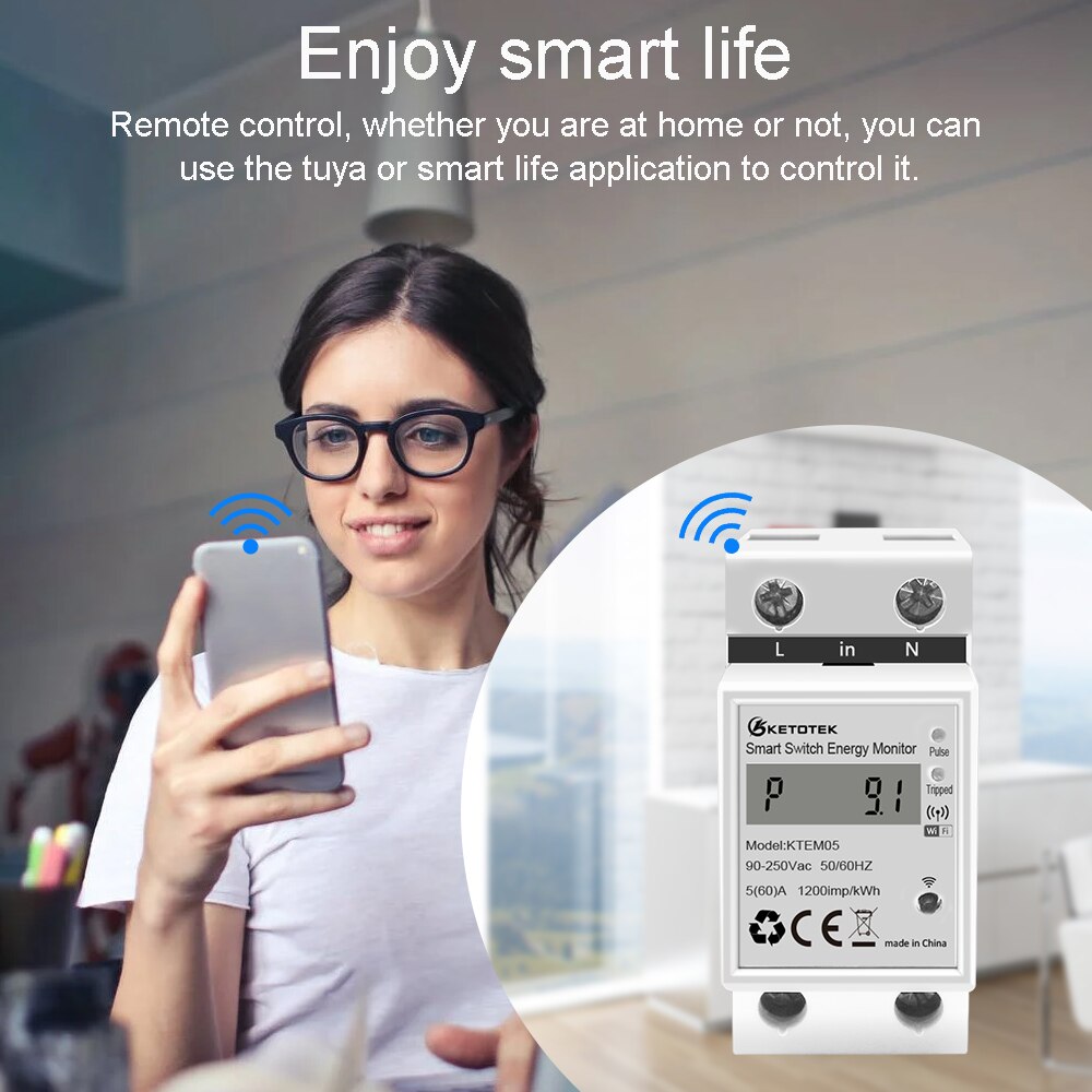 WiFi Smart Energy Meter Single Phase DIN Rail App Control Wattmeter Power Consumption Analyzer Voltage Current Meter 220V 50Hz