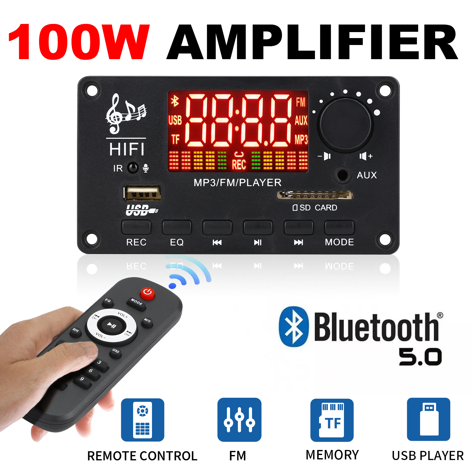Wzmacniacz 100W Dekoder MP3 Bluetooth5.0 Samochodowy odtwarzacz MP3 Moduł nagrywania USB Radio FM AUX Do głośnika Zestaw głośnomówiący