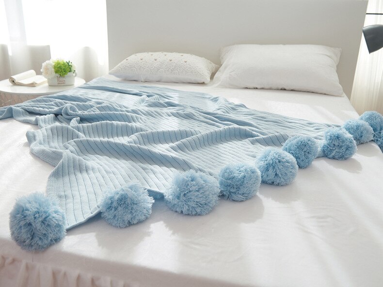 cotton Pom Crochet Thread Blanket 100*105 150*200cm For Babies Adults Twin Size Bed Kitted Throws Bed Runners30: 5blue / 105cm 100cm