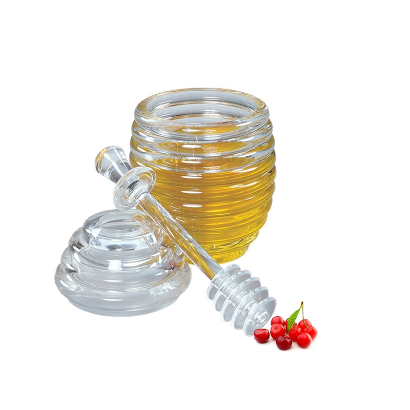 Acrylic Jam Jar Honeycomb Shaped Honey Dispenser with Dipper Honey Jar Spice Sauce Container Kitchen Storage Pot Tool