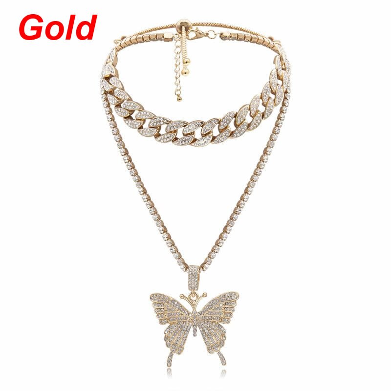 2Pcs Sparking Fully Iced Out Crystal Pave Butterfly Pendant Necklace Cubic Zircon 3D Butterfly Pendant Necklace Jewelry: Gold