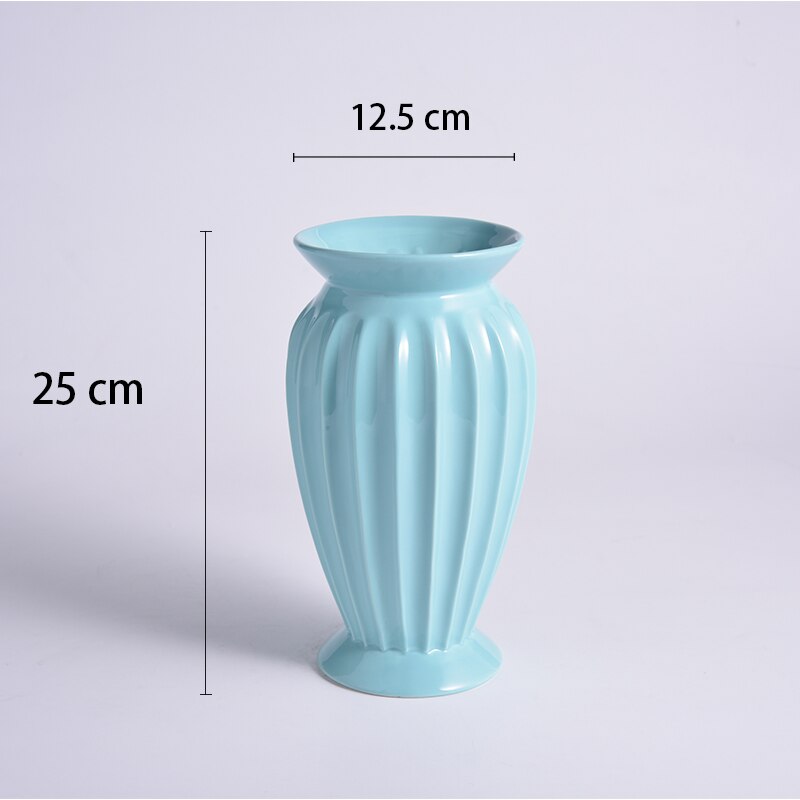 European-style Simple White Striped Vase Ornaments Ceramic Flower Arrangement Water Vase Living Room Decoration Accessories: Blue-M