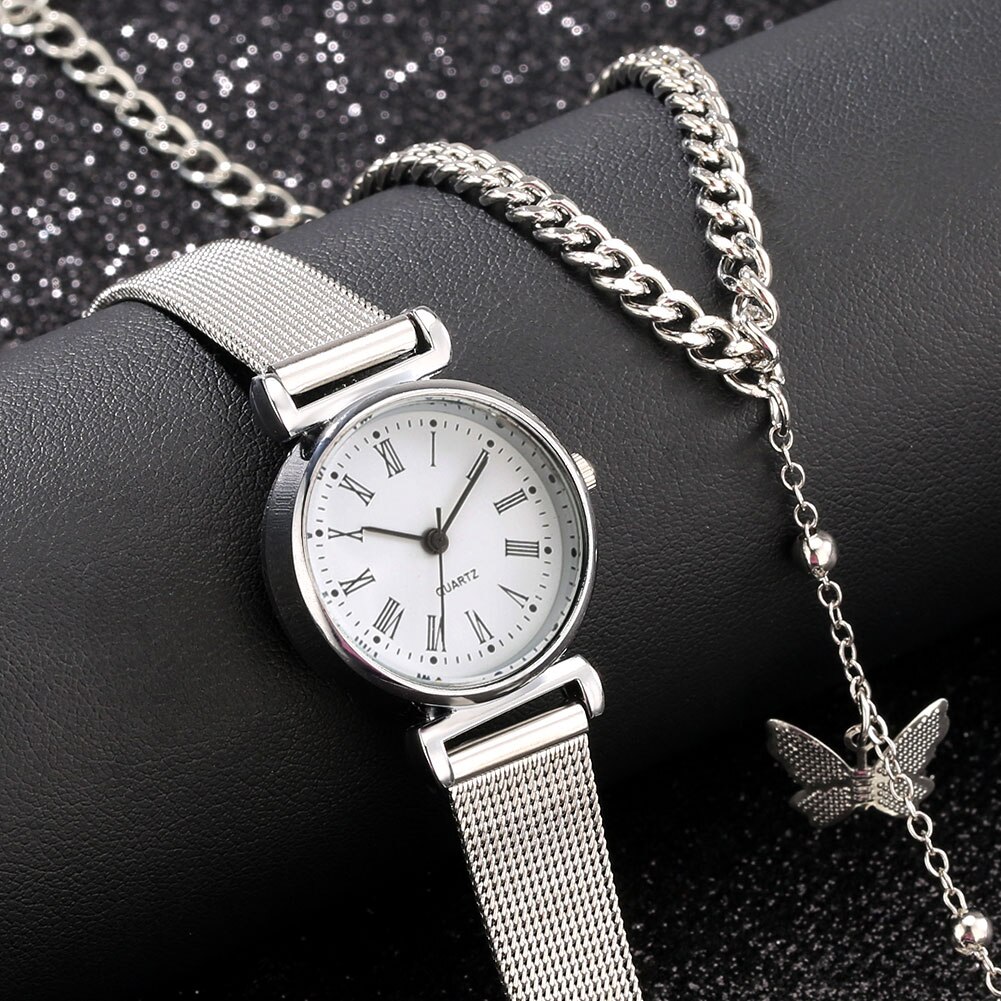 Elegante Vrouwen Armband Horloge Set Zilveren Romen Digitale Wijzerplaat Quartz Horloge Lady Chic Vlinder Hand Ketting Met Ringen Voor vrouw