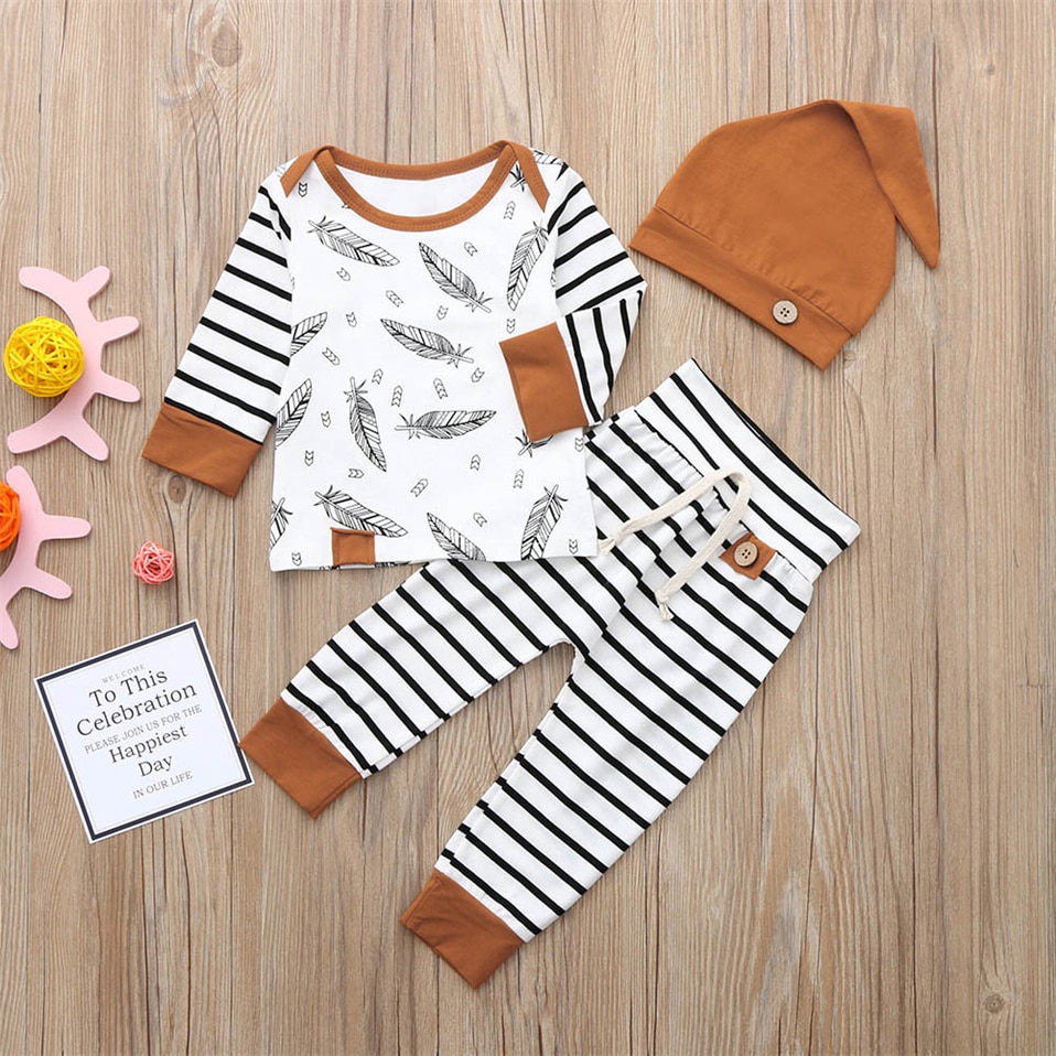 Babytøj til nyfødt baby dreng pige tøj fjer t-shirt toppe stribede bukser tøj outfits sæt vetement enfant fille