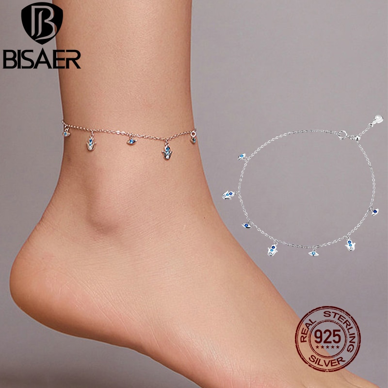 BISAER-pulsera de mano de Fátima para mujer, tobilleras de Plata de Ley 925 con ojos de la suerte, cadena de circón para pies, joyería para pies, EFT004