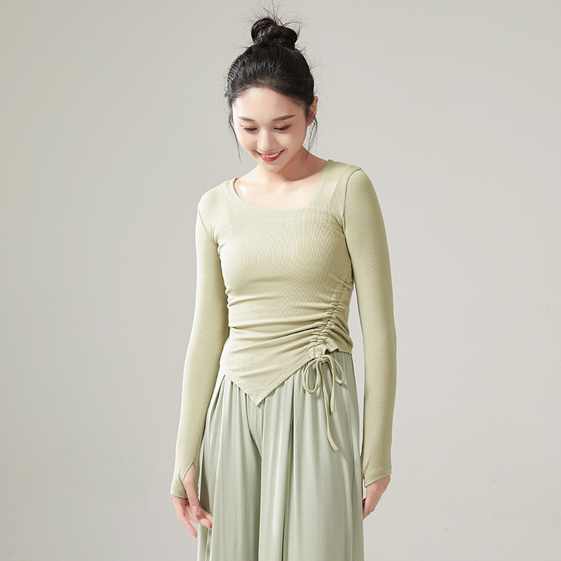 Vrouwen Moderne Danskleding Vingermouwen Zoom Trekkoord Gebreide Tops Stage Performance Kleding China Slim Fit Yoga Kostuum