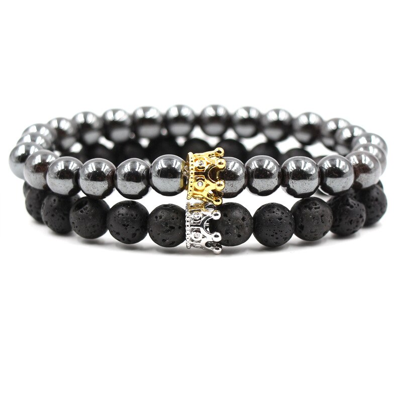 8mm 2 stk/sæt par mikro indsat zirkon krone armbånd klassisk natursten elastisk kvinder charm perler armbånd til mænd smykker: Farve 7