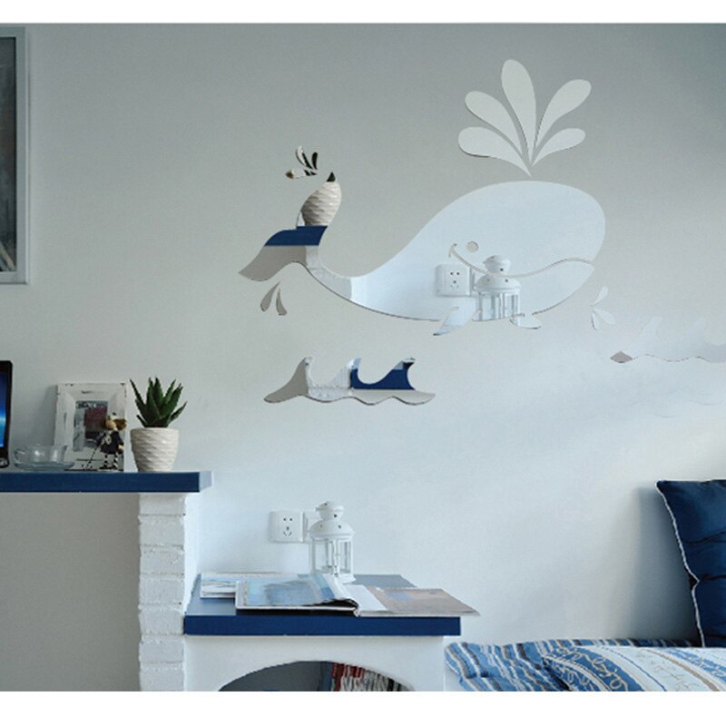 3D Acryl Spiegel Sticker Cartoon Whale Muursticker Home Slaapkamer Achtergrond Muur Kinderkamer Groene Decoratieve Sticker