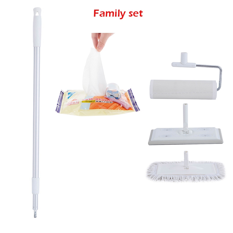 Fregona plana multifuncional 3 en 1, removedor de pelo de suelo, mopa electrostática seca con juego de limpieza de papel, herramienta de limpieza doméstica: Family set 01