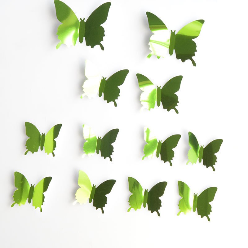 12PCS 3D Butterfly Wall Sticker Three-dimensional Simulation Mirror Texture Home Living Room TV Background Decoration Sticker: green