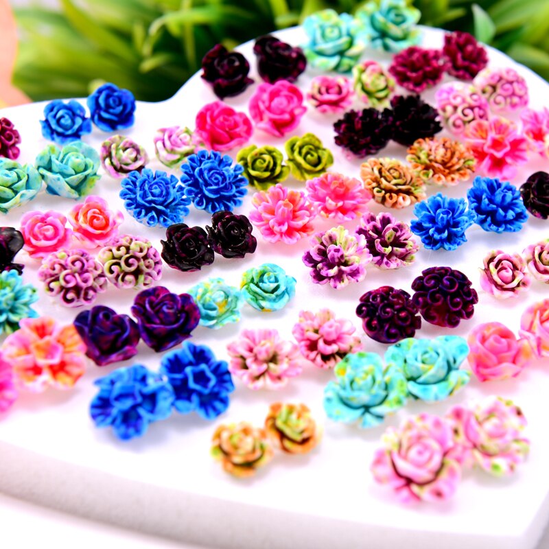 36 Pairs Mixed Style Anti Allergy Girls ear rings Plastic Rose Flower Stud Earrings for Women Trendy Jewelry