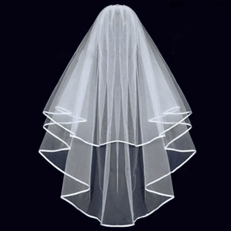 White Ivory Red Black Pink Wedding Veils With Comb Ribbon Edge Bridal Veils 2 Layer Bride Accessories Voile Mariage Welon Slubny: Ivory
