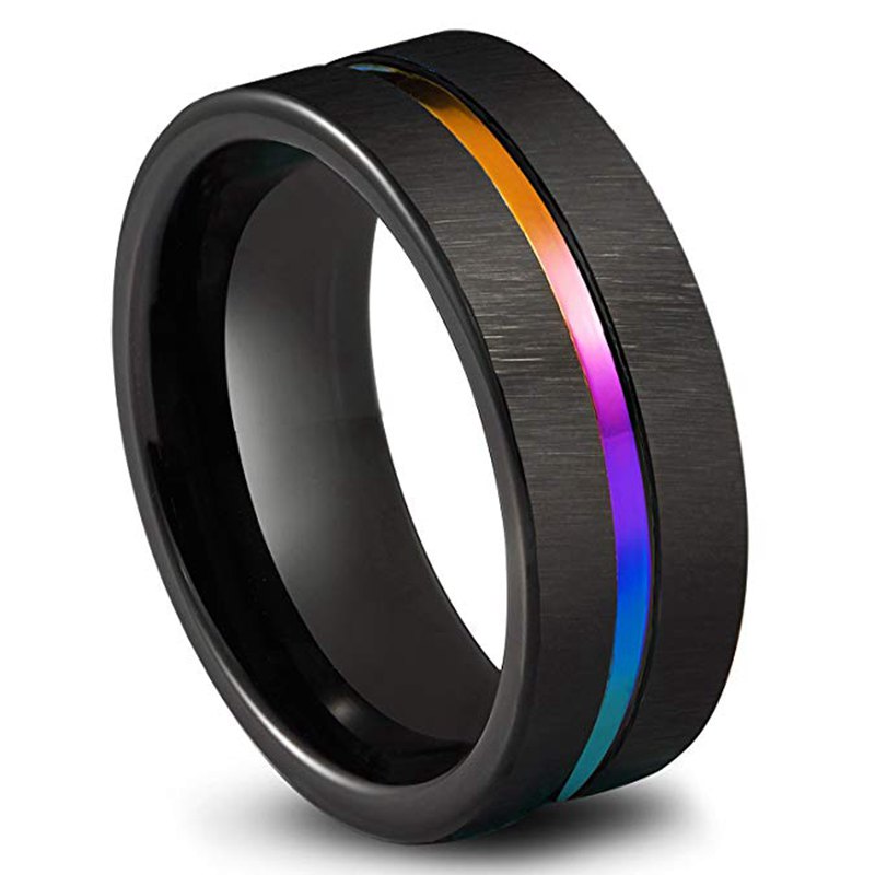 Zwart Titanium Roestvrij Staal Eenvoudige Ring Wedding Band 8mm Kleurrijke Regenboog Paar Ring