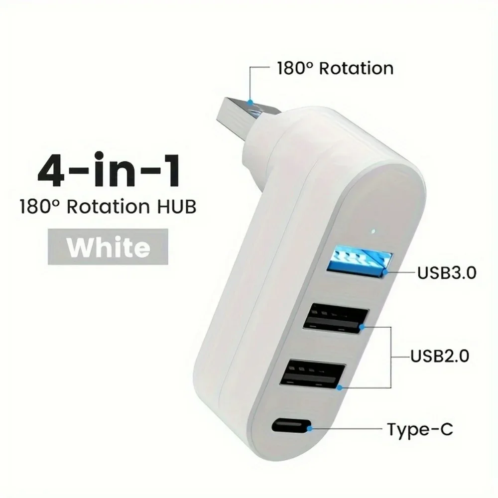 Hub USB 3.0 a 4 porte 90 ° 180 ° Trasferimento dati di alimentazione USB A 1 USB C ruotabile per laptop, auto, iMac, MacBook Air Pro, PC Adapte: BIANCO