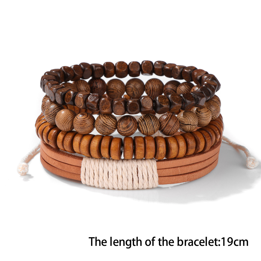 Pulsera de cuentas de madera multicapa para hombre, pulsera de cuerda de cuero marrón Vintage hecha a mano, pulseras nuevas étnicas, brazalete, de joyería 2024