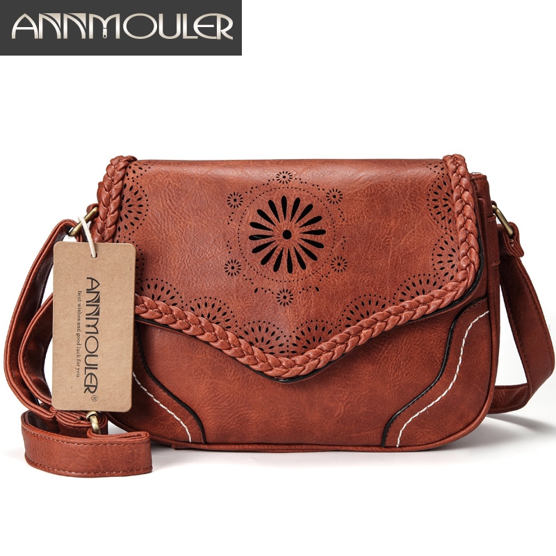 Annmouler Brand Women Shoulder Bag Vintage Pu Leather Crossbody Bag Hollow Out Ladies Satchel Bag Brown Retro Handbag for Girls