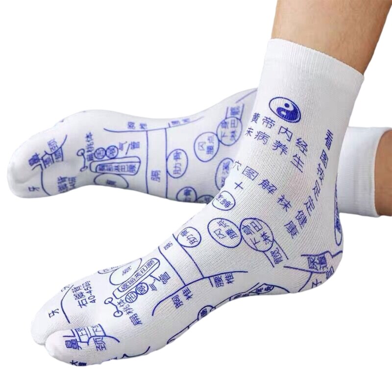 Femmes Hommes Acupression Réflexologie Chaussettes 2 Bout Fendu Massage des Pieds Soulagement De La Douleur Méridien Bonneterie avec Points D&#39;acupuncture Graphique: A
