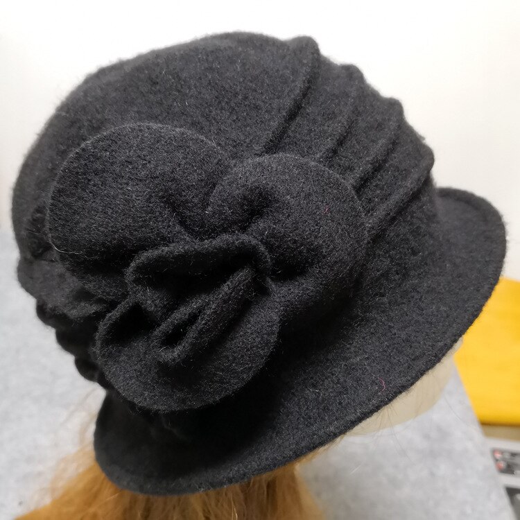 Kvinders fedora hat dame uld blomsterhat vinter vintage cloche bøttekasket kvinde fest hovedbeklædning chapeau femme: Sort