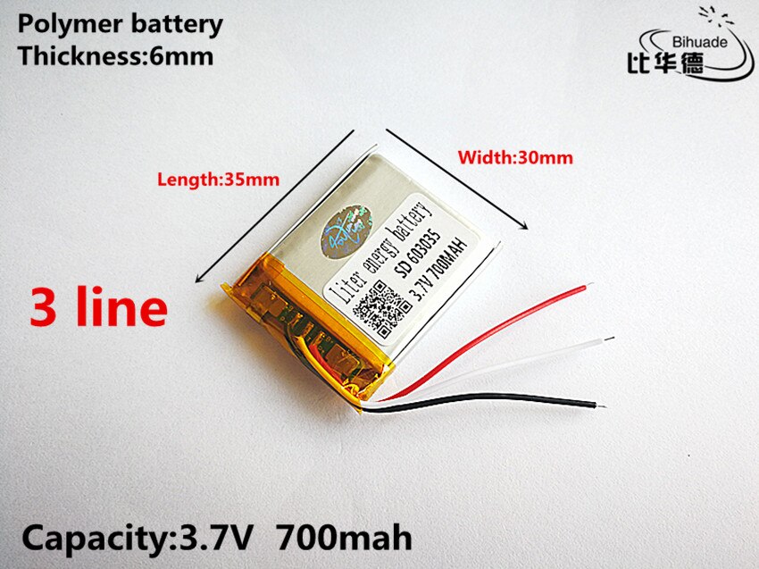 3 lijn Goede Qulity 3.7 V, 700 mAH, 603035 lithium Polymeer ion/Li-Ion batterij voor SPEELGOED, POWER BANK, GPS, mp3, mp4