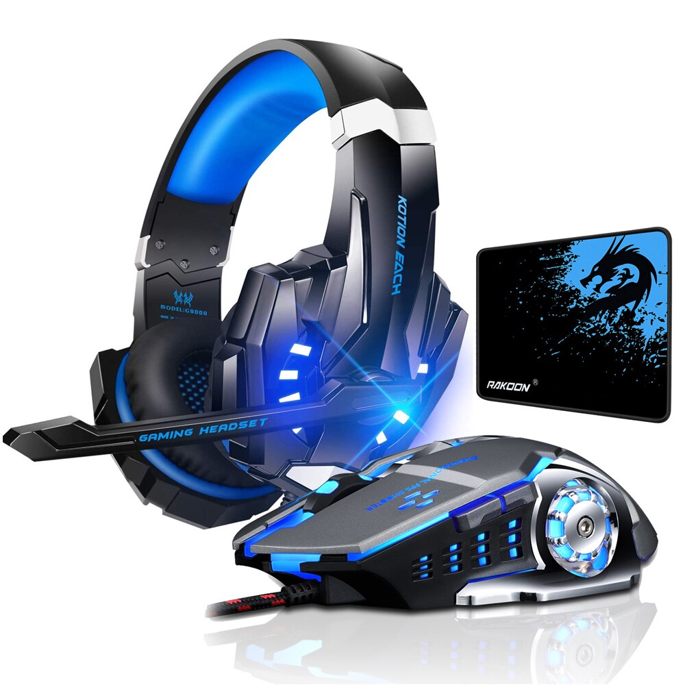 USB Wire PC Gaming Headset Deep Bass Stereo Game Headphone with Microphone LED Light for PC Laptop+Gaming Mouse+Mice Pad