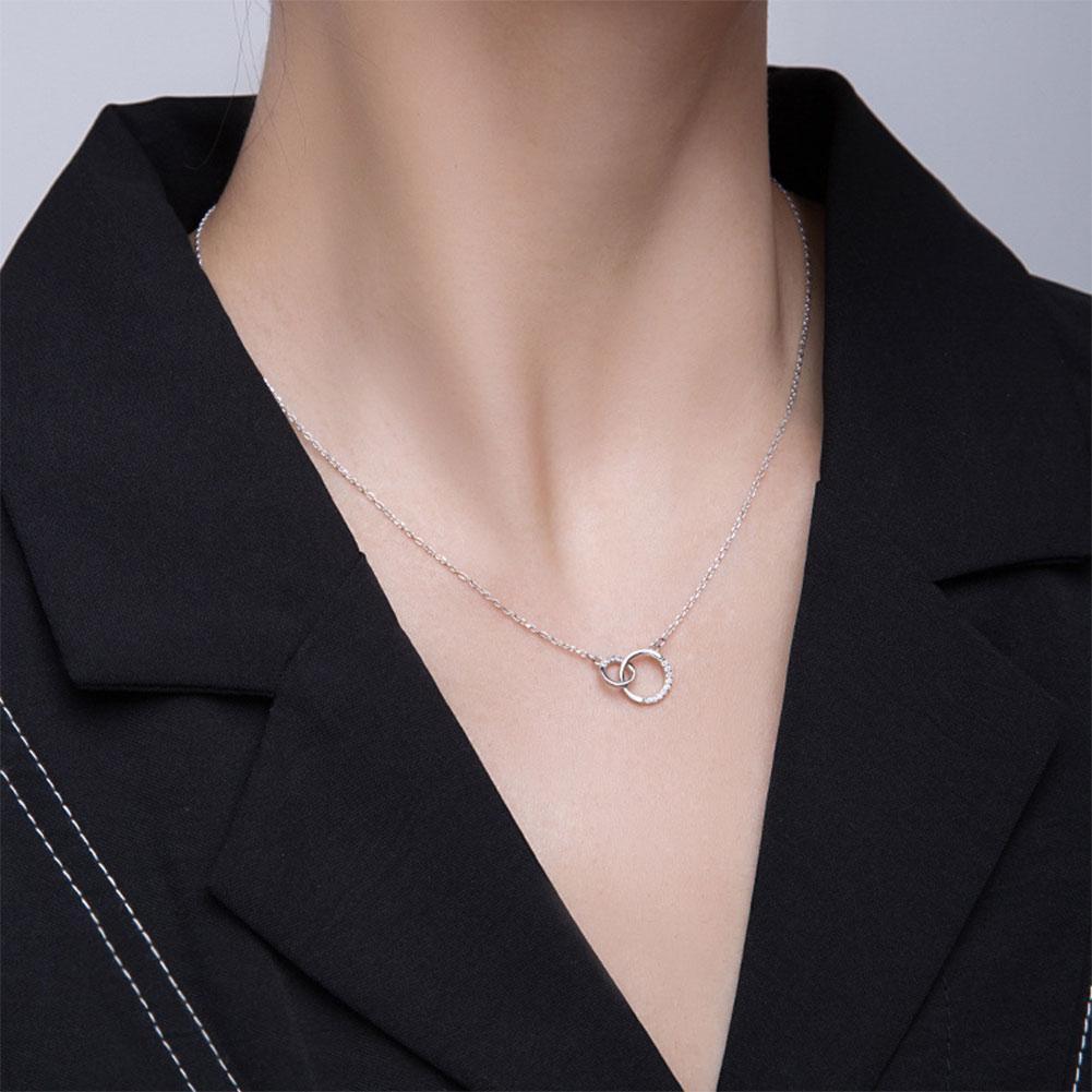 Silver Necklace with simple double circle zircon necklace Korean silver jewelry engagement