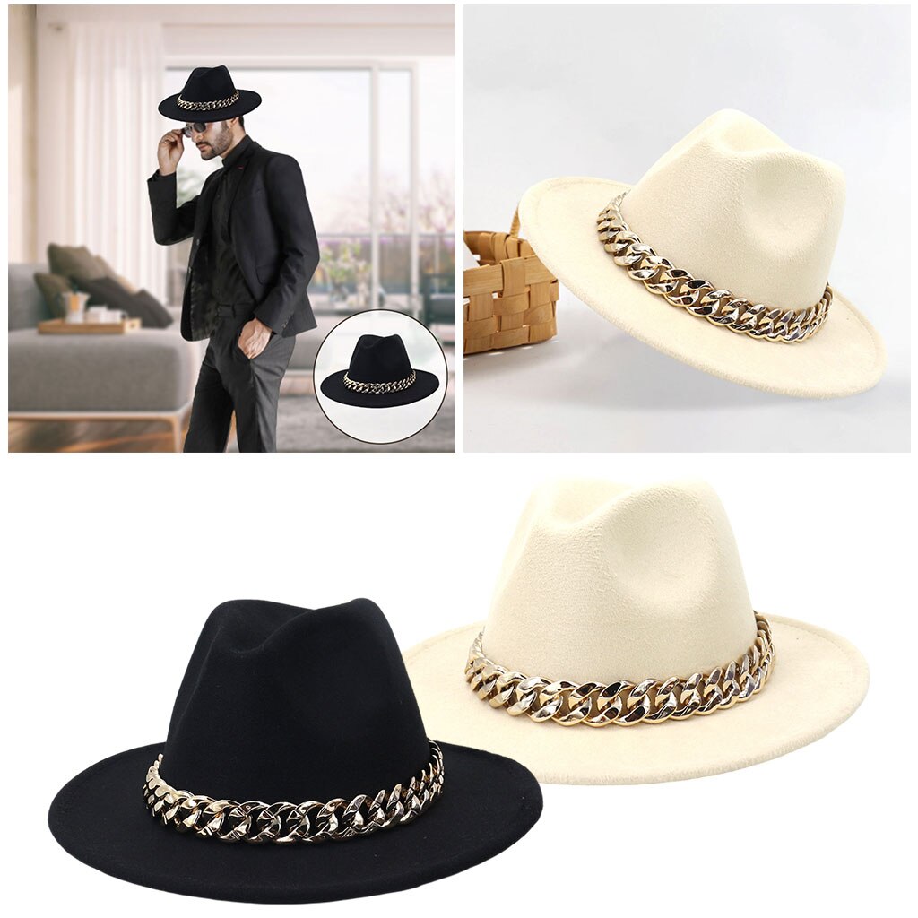 Wide Brim Fedora Hat with Gold Chain Wide Brim Thick Panama Classic British One Size for Women Travel Gentleman Ladies