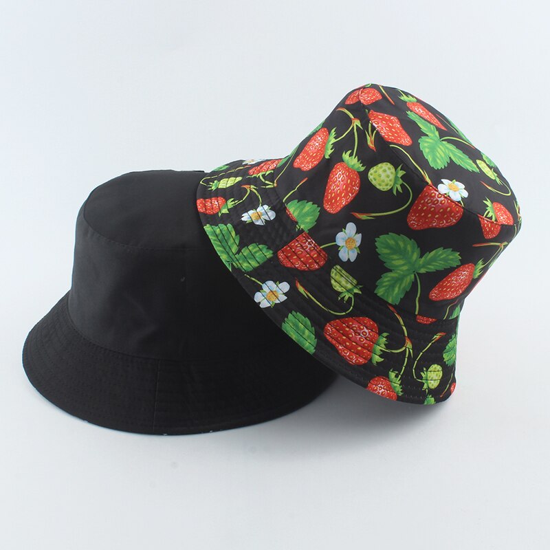 Bob Bucket Hats Men Women Summer Sun Cap Hip Hop Gorros Fruit Kiwi Apple Lemon Strawberry Print Reversible Fisherman Hat: strawberry black