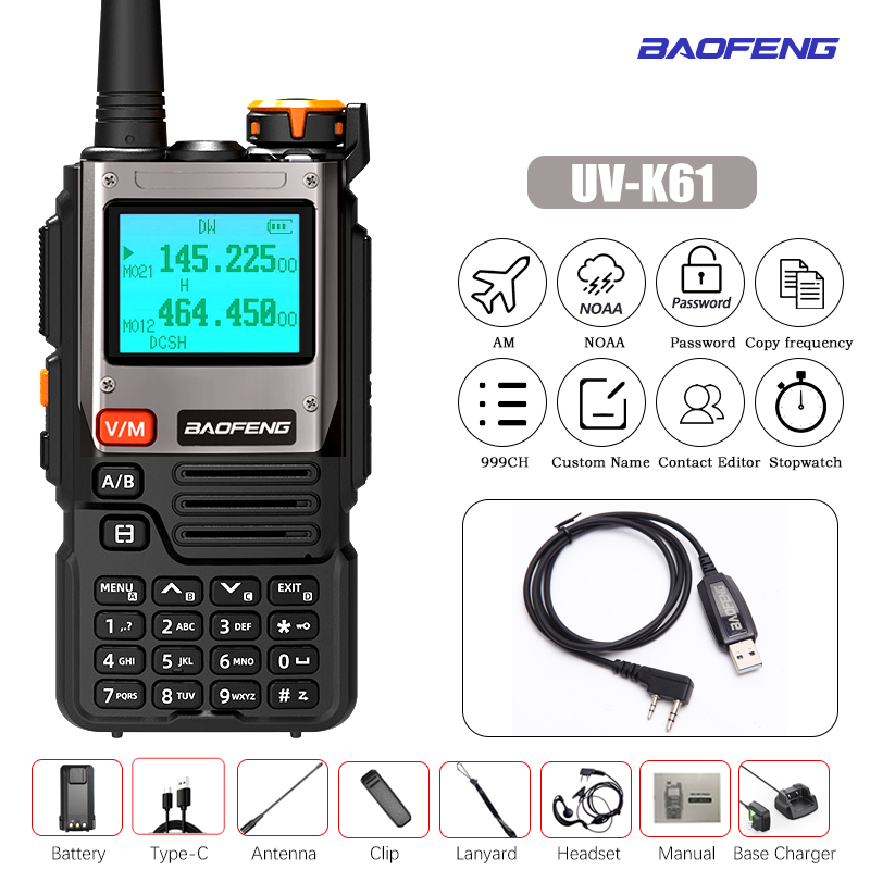 Baofeng-UV-K61 Walkie Talkie, Multi Band, Frequência de cópia sem fio, 999CH, carregador tipo C, UHF, VHF, NOAA, UV-5R, UV K6, K: Marrom / American