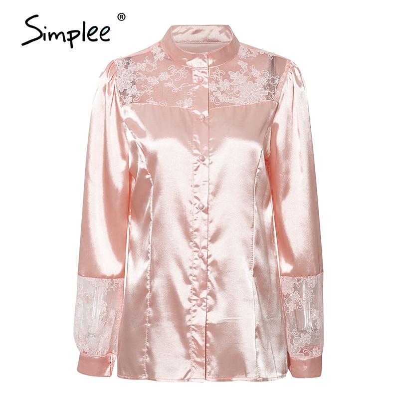 Simplee grande taille dentelle broderie femmes blouse chemise à manches longues patchwork femme hauts chemises printemps été bureau dames hauts: L