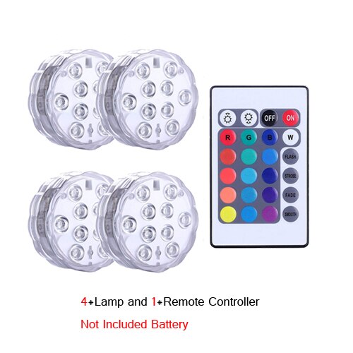 Unterwasser Licht Wasserdicht Batterie Betrieben 10LED Multi Farbe Tauch LED Lampe für Aquarium Schwimmbad Hochzeit Party: 4Lampe 1Fernbedienung